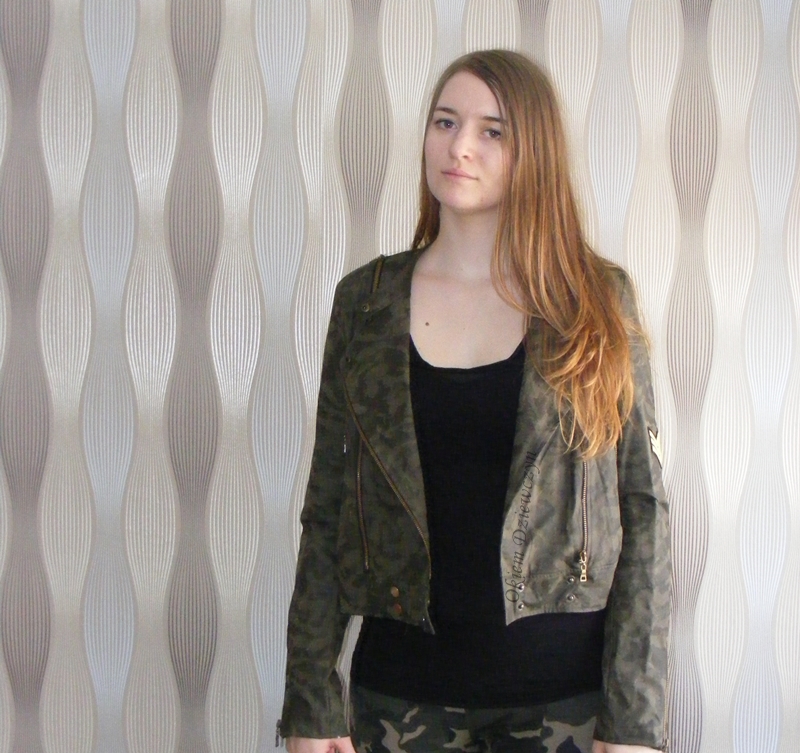 Camouflage Patch Zipper PU Leather Crop Jacket